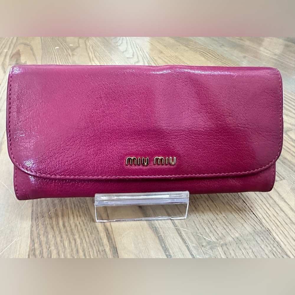 Miu Miu Magenta Leather Bi-Fold Wallet with Chain and COA